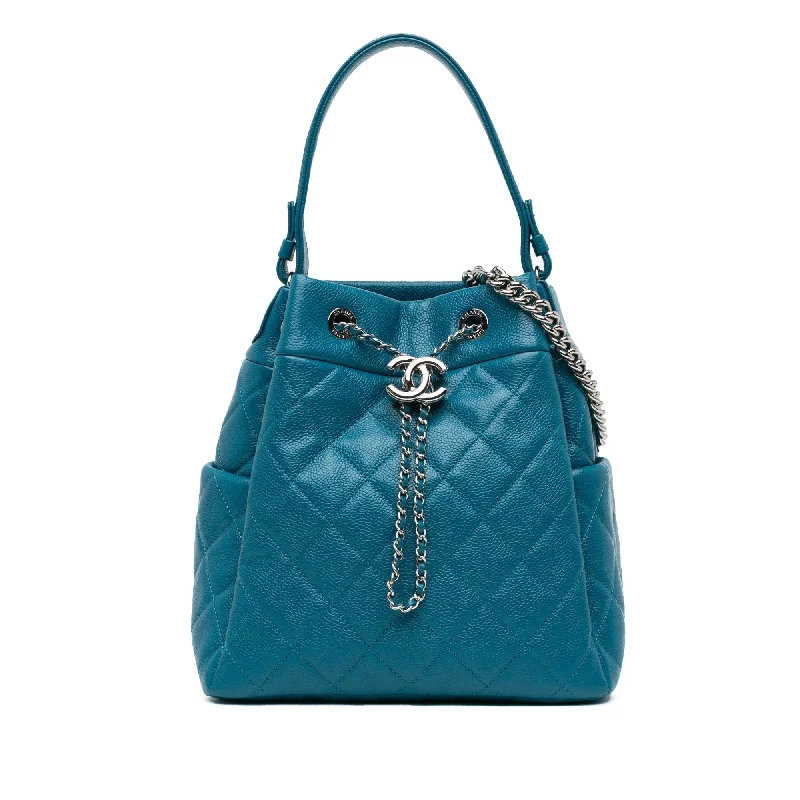 Blue Chanel Quilted Caviar Drawstring Chain Bucket Bag