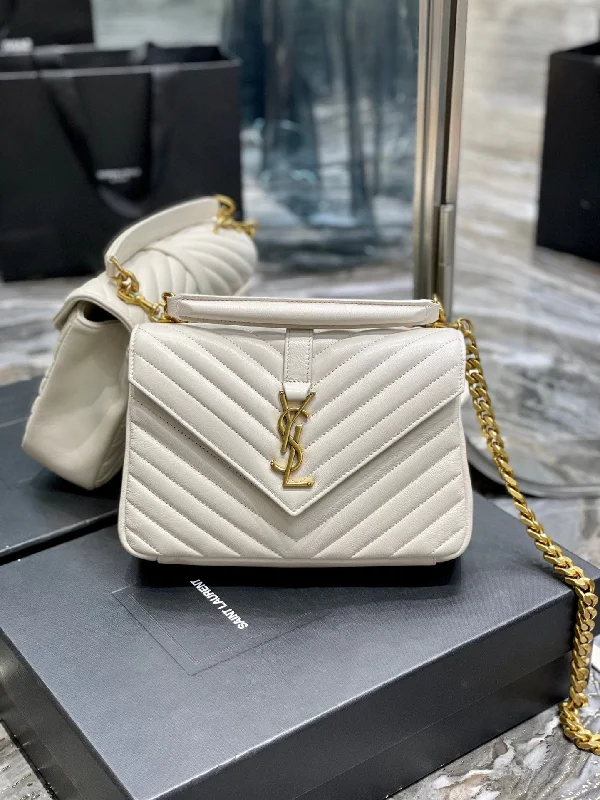 Yves Saint Laurent College Medium Chain Bag White Gold Toned Hardware