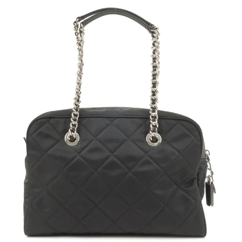 PRADA Nylon Leather Quilting Chain Shoulder Bag Black 1BB903