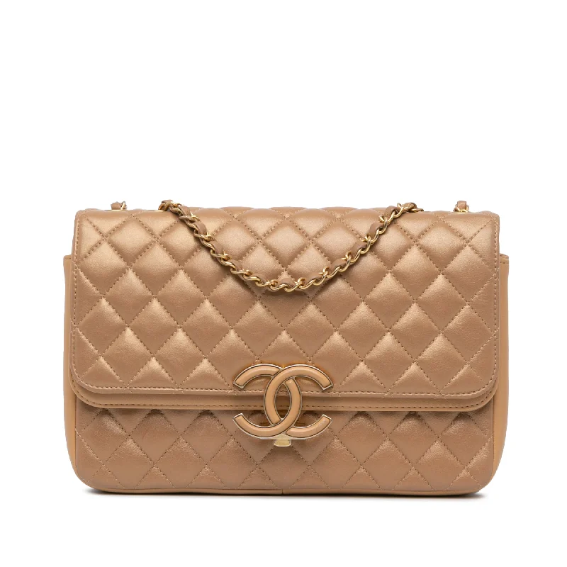 Tan Chanel Medium Quilted Metallic Lambskin CC Chic Double Flap Shoulder Bag