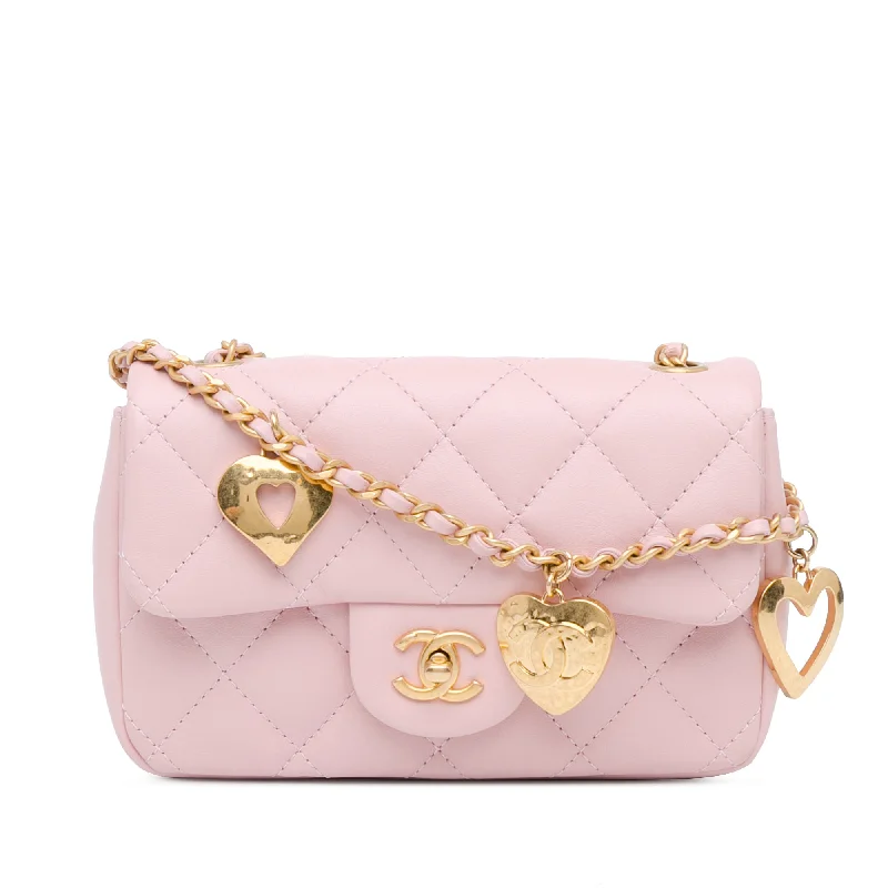 Pink Chanel Mini Quilted Lambskin Heart Charms Flap Crossbody Bag