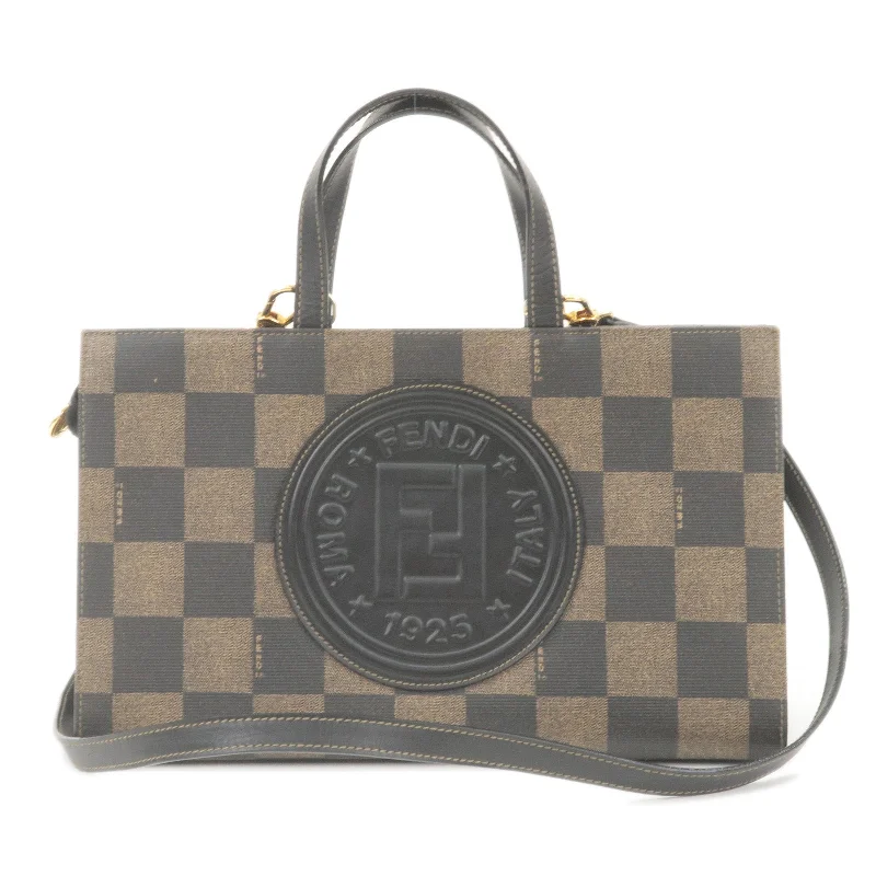 FENDI Pequin Checkered PVC Leather 2Way Bag Khaki Black