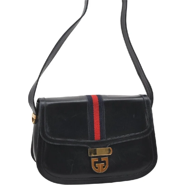 Authentic GUCCI Sherry Line Shoulder Cross Body Bag Leather Navy Blue 6276K