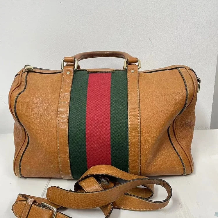 Gucci Boston Bag Camel Brown with Green and Red Stripe, Medium Size