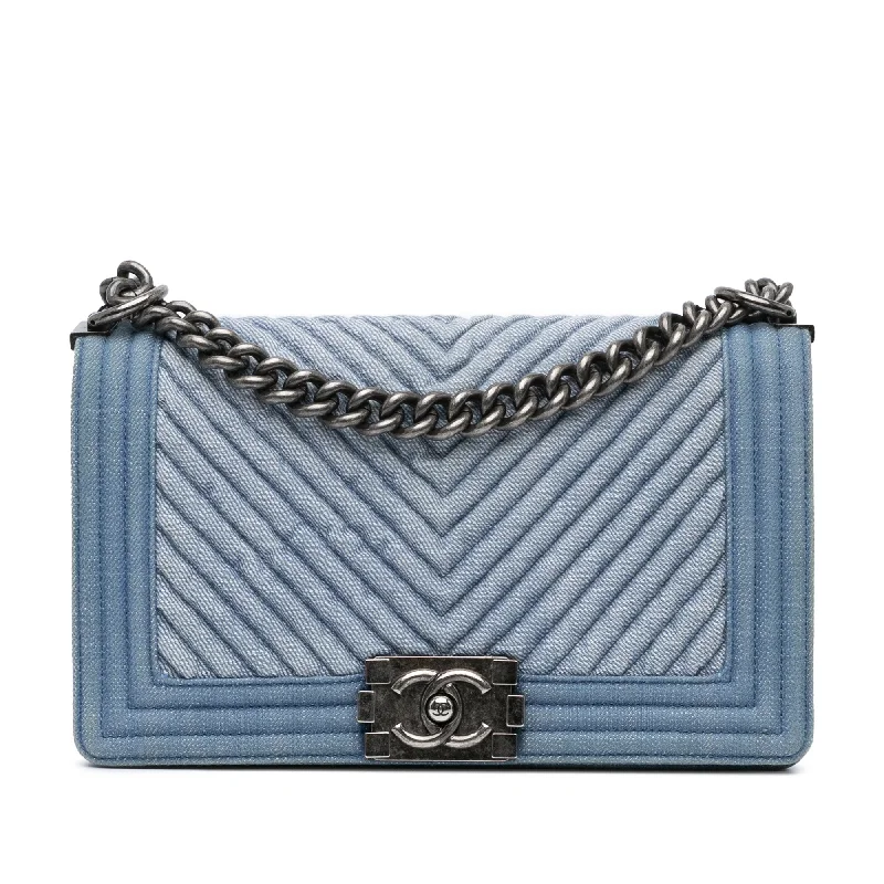 Blue Chanel Medium Denim Chevron Boy Flap Crossbody Bag