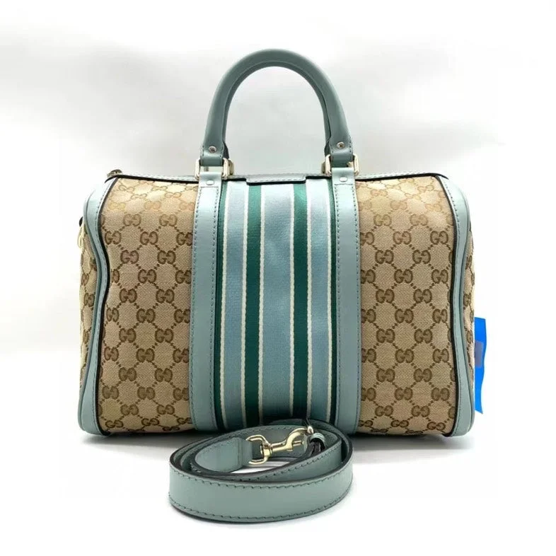 Gucci Boston Beige Blue Monogram Canvas Leather Stripe Shoulder Bag Large