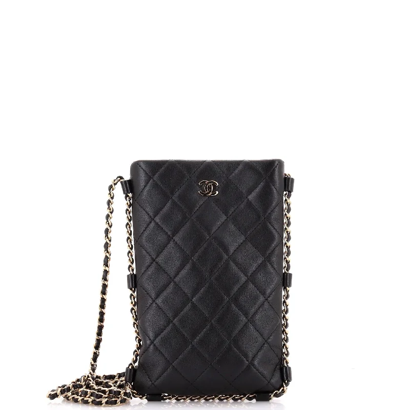 Chain Around Flat Phone Holder Crossbody Quilted Lambskin