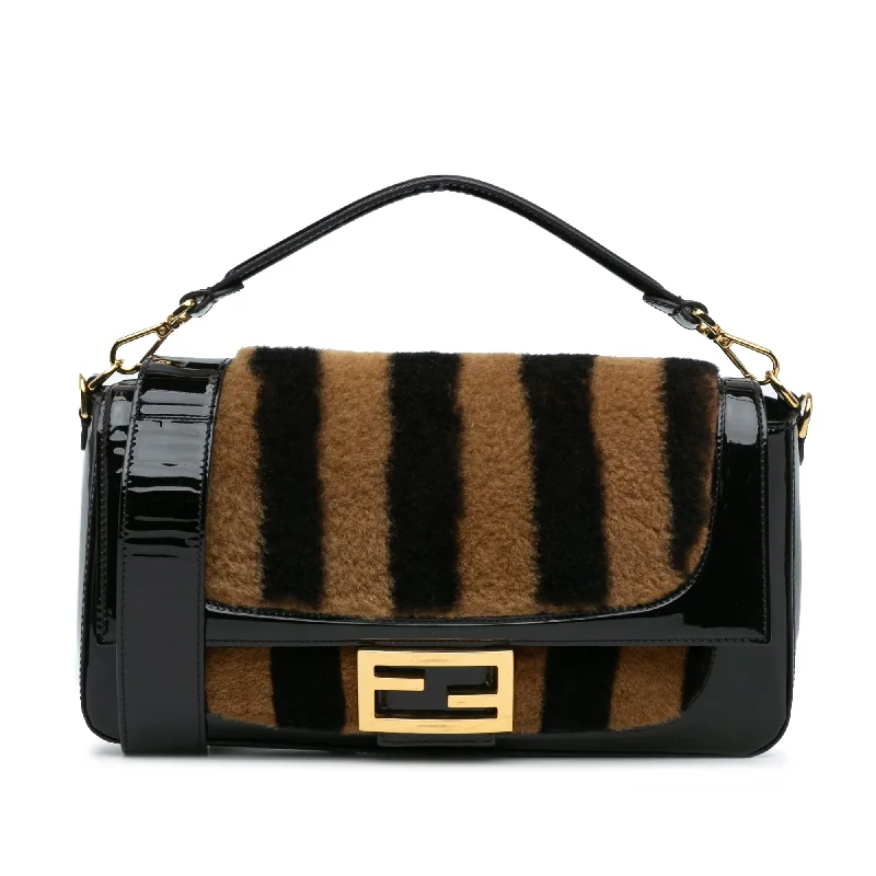 Black Fendi Shearling Pequin Baguette Satchel