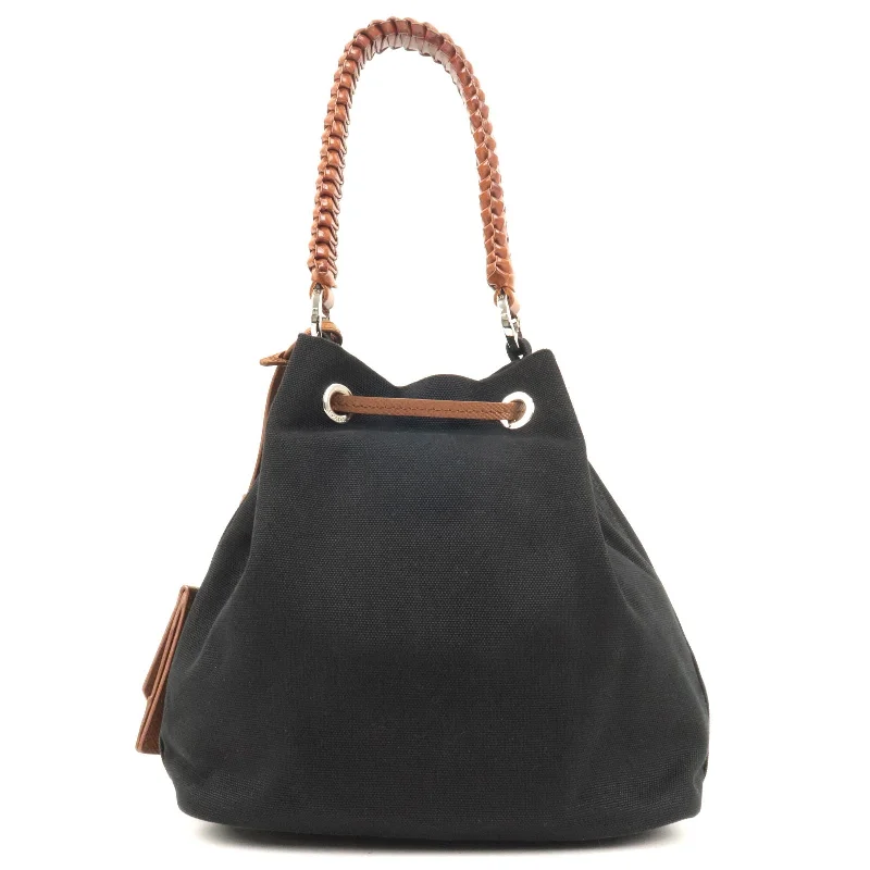 PRADA Canvas Leather Bucket Shoulder Bag Black 1BE032