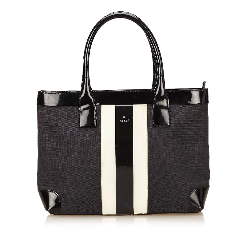 Canvas and Patent Leather Striped Tote Bag