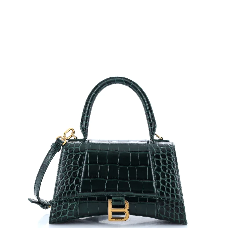 Hourglass Top Handle Bag Crocodile Embossed Leather Small