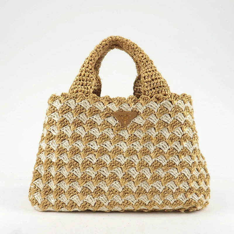 PRADA Logo Raffia Crochet Tote Bag Hand Bag Beige Ivory BN2303