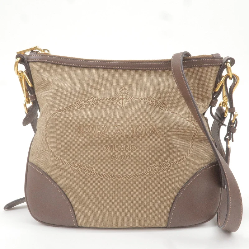 PRADA Logo Jacquard Leather Shoulder Bag Beige Brown BT867A