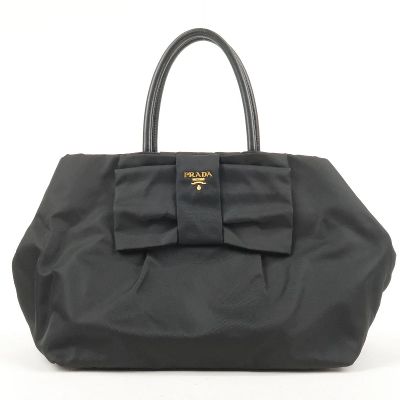 PRADA Nylon Leather Ribbon Tote Bag NERO Black