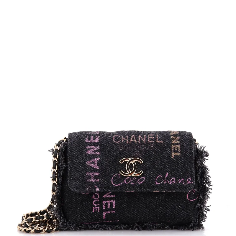 Denim Mood Flap Clutch with Chain Logo Printed Quilted Fringe Denim