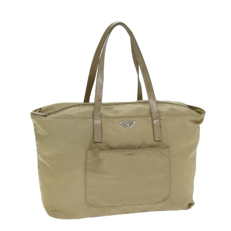 PRADA Tote Bag Nylon Beige Auth bs15117