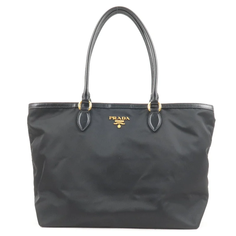 PRADA Logo Nylon Leather Tote Bag Black Noir