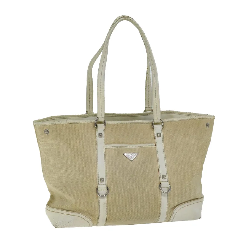 PRADA Tote Bag Canvas Beige Auth 74474