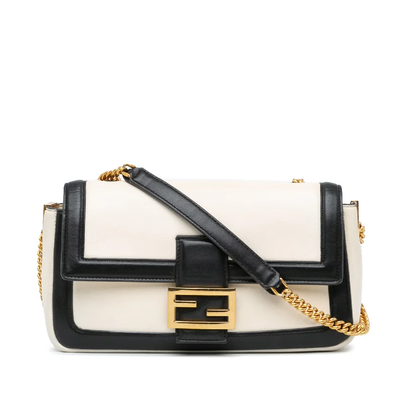 White Fendi Bicolor Leather Chain Baguette Shoulder Bag