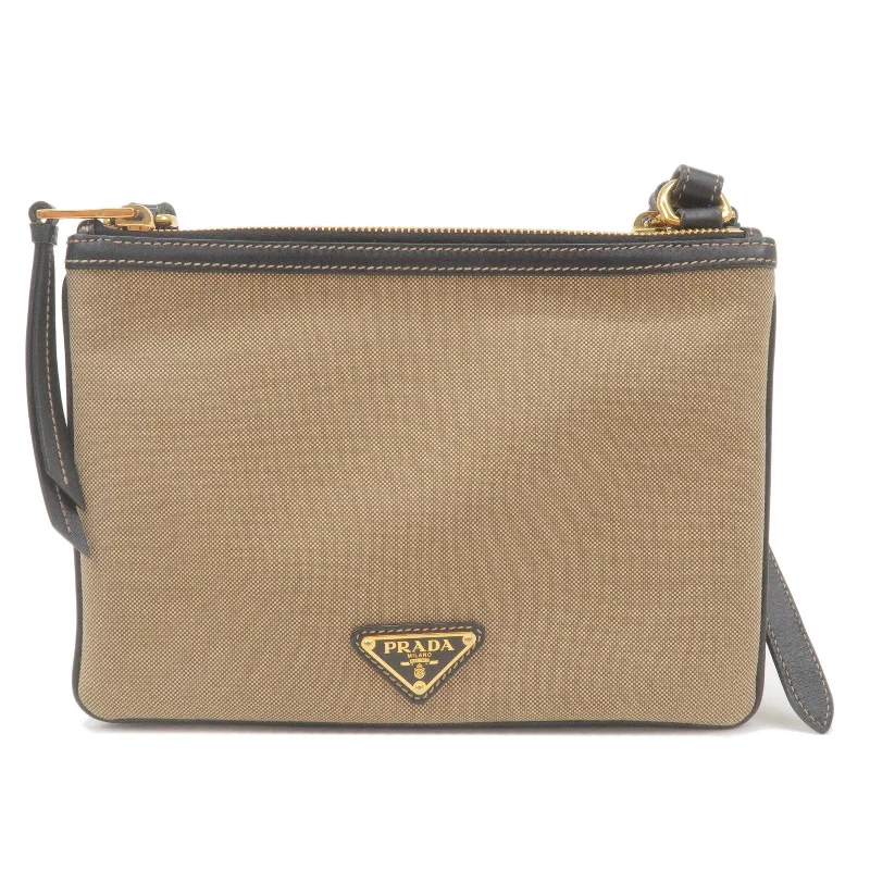 PRADA Logo Jacquard Leather Shoulder Bag Beige Black 1BH046