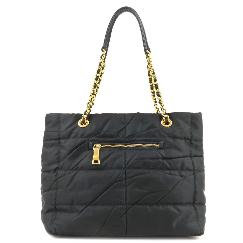 PRADA Logo Nylon Leather Chain Tote Bag Black BR4383