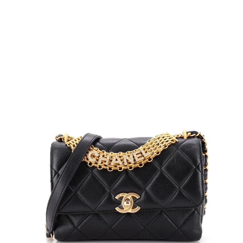 Crystal Logo Letters Chain Handle Flap Bag Quilted Lambskin Small