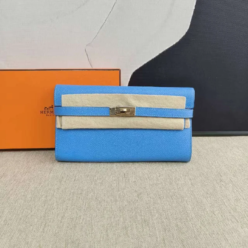 Hermes Kelly Blue Leather Wallet T Stamp 2015