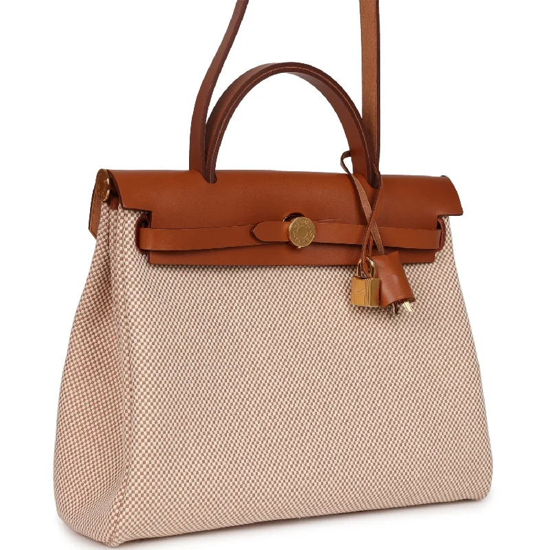 Hermes Herbag Zip Pm 31 Ecru Beige and Naturel Viking Criss Toile Fauve Hunter Gold Hardware