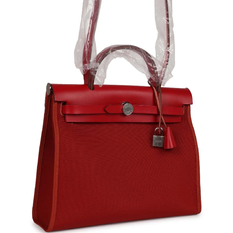 Hermes Herbag Zip 31 Rouge Venetian/Rouge Piment/Rose Extreme Toile H and Vache Hunter Palladium Hardware