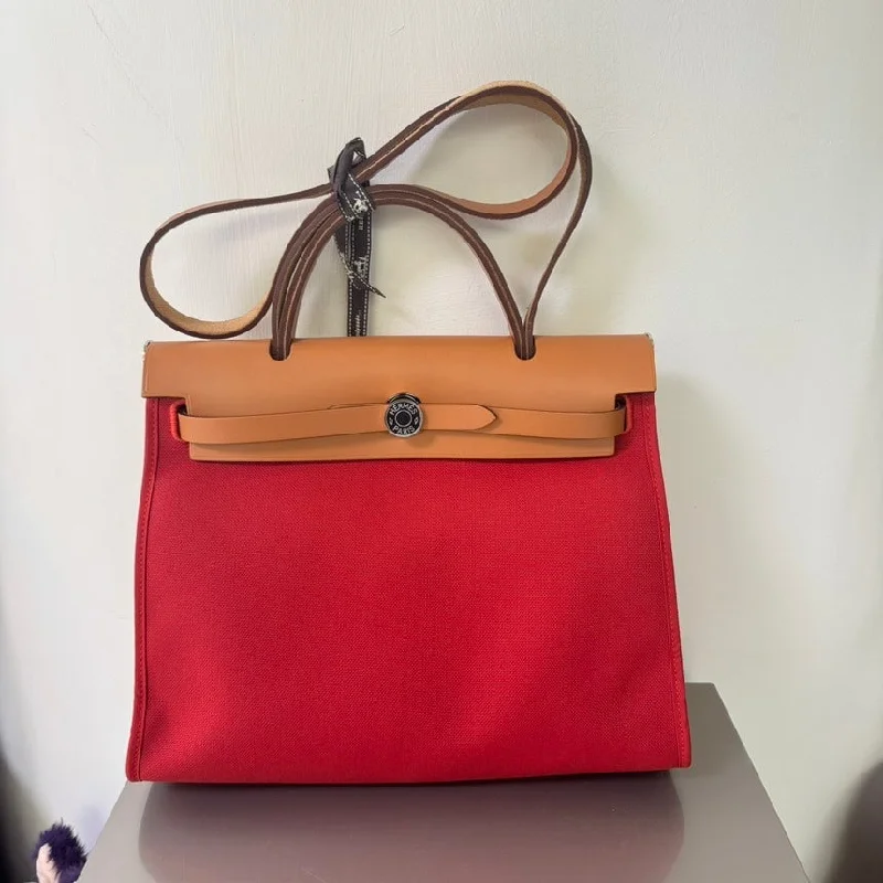 Hermes Herbag Red Canvas Natural Leather Handbag Medium