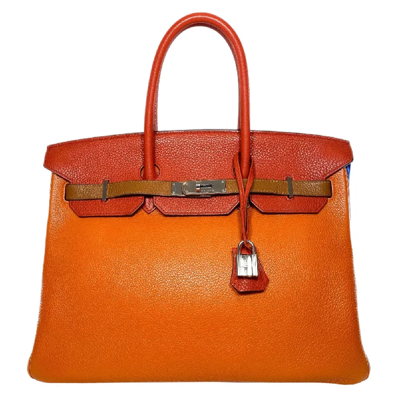 Hermes Birkin 35 Arlequin Orange Sanguine Gold Bleu Lin Clemence in Palladium