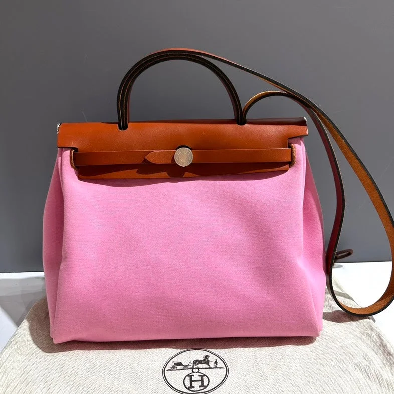 Hermes Herbag Pink Canvas Leather Tote Bag Medium