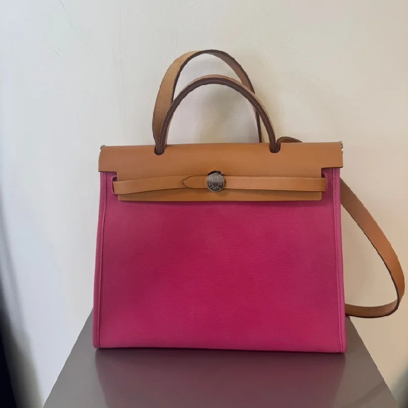 Hermes Herbag Pink Leather Canvas Tote Bag Large