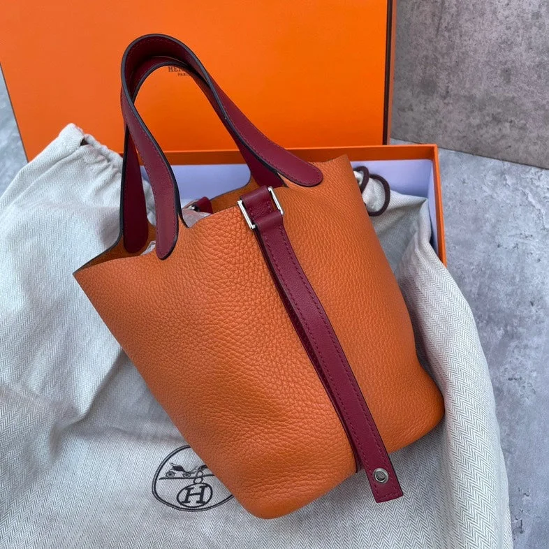 Hermes Picotin 18 Orange Burgundy Two Tone Leather Bag