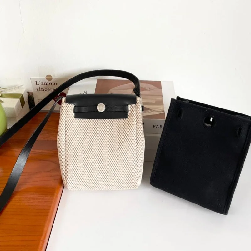 Hermes Herbag Beige Black Canvas Mini Crossbody Bag