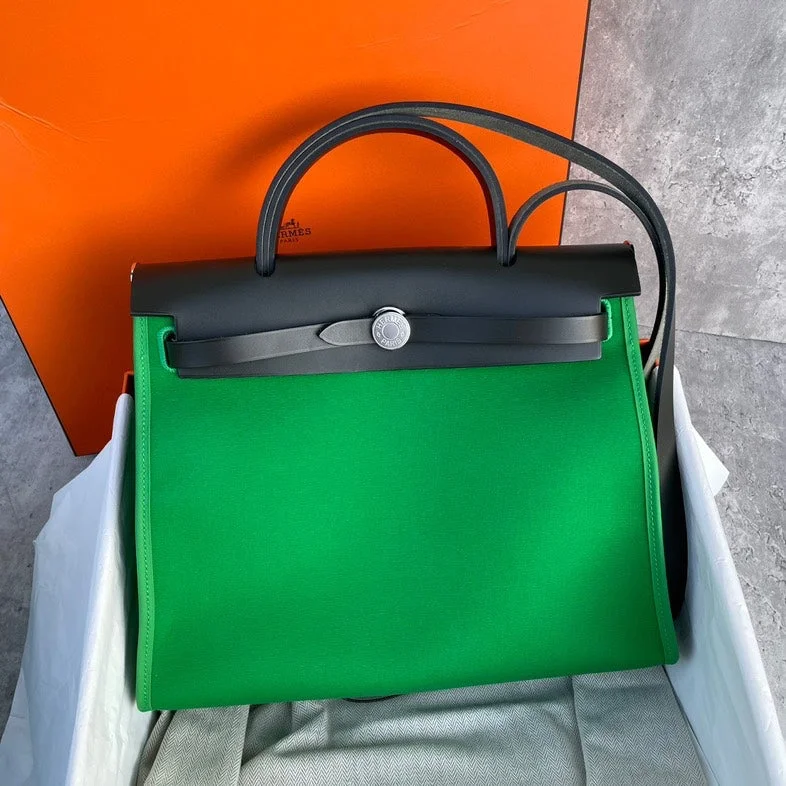 Hermes Herbag Green Black Canvas Leather Handbag