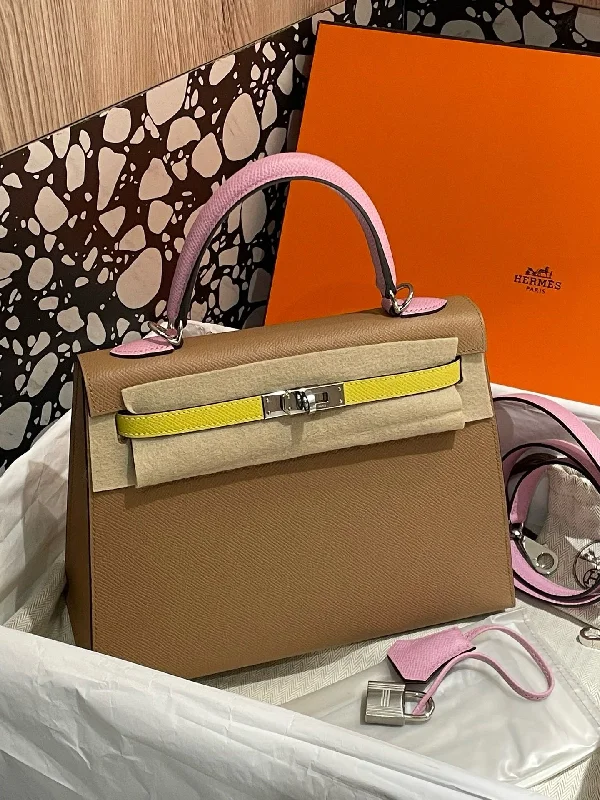 Hermes Kelly 25 Epsom Leather Tricolor Tan Pink Yellow Handbag