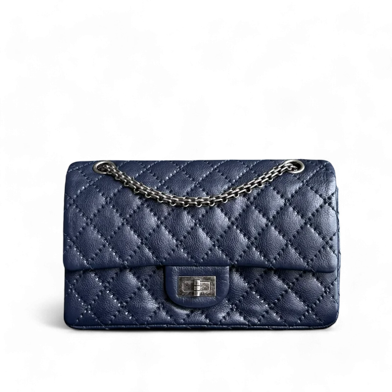 Chanel 2.55 225 Reissue - Small 24CM Quilted Grained Calfskin Dark Blue Ruthenium Silver Hardware Series 22