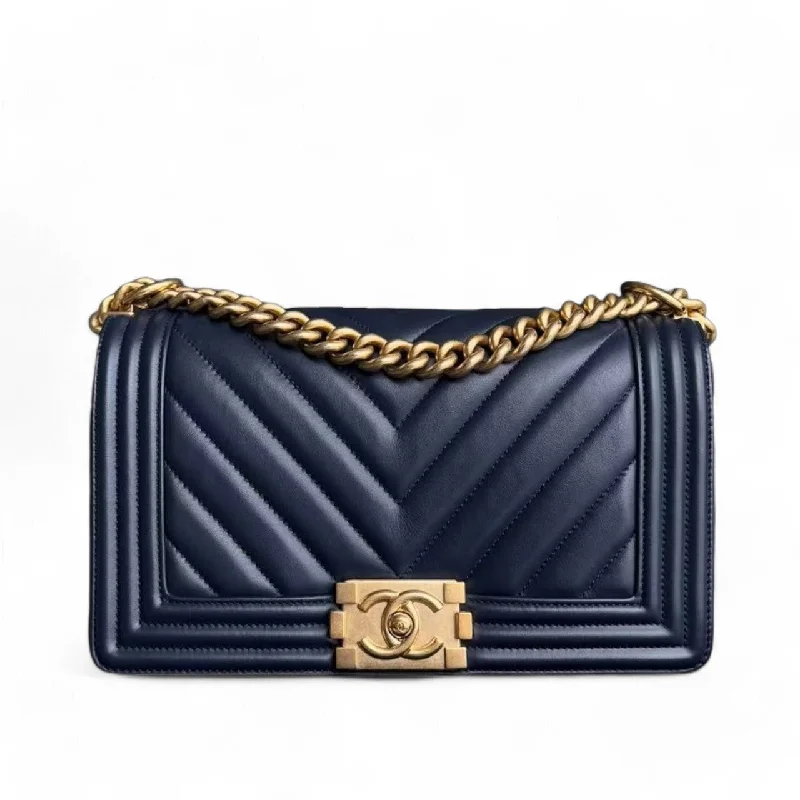 Chanel Boy Medium - 25CM Chevron Lambskin Dark Navy Blue Gold Hardware Series 25