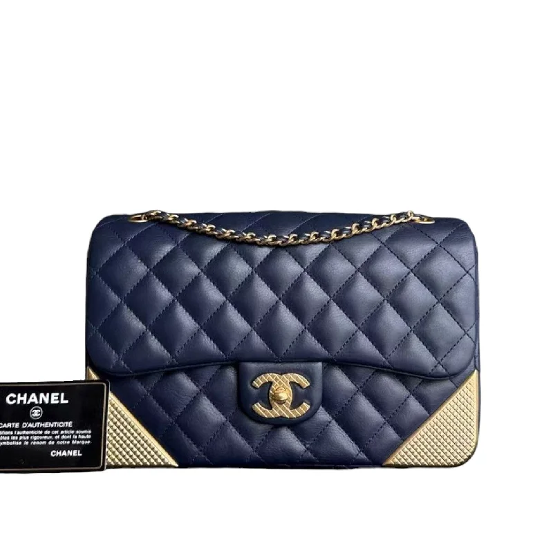 Chanel Classic Flap Medium - 25CM Rock The Corner Seasonal Gold Plate Quilted Calfskin Navy Blue Gold Hardware Series 24