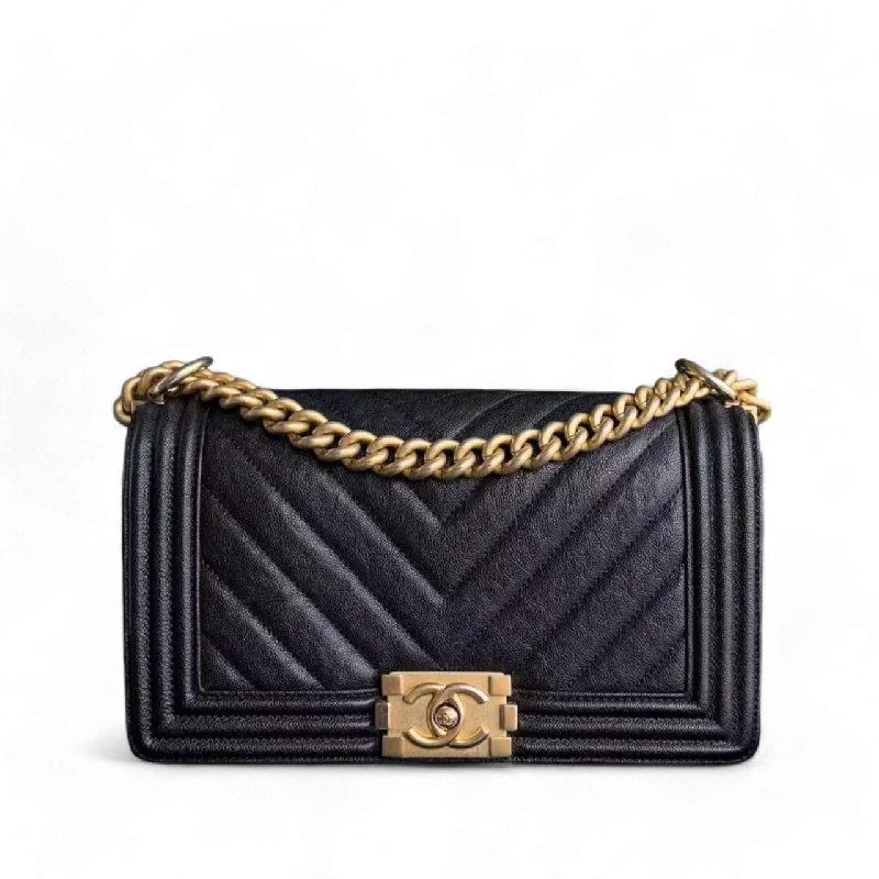 Chanel Boy Medium - Caviar 25CM Chevron Black Gold Hardware Series 26