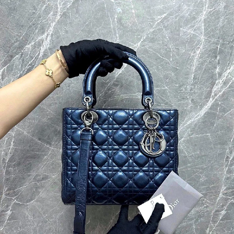 *Calf, Adjustable Strap, Like New* Lady Medium Iridescent Calfskin Dark Blue Gunmetal Hardware