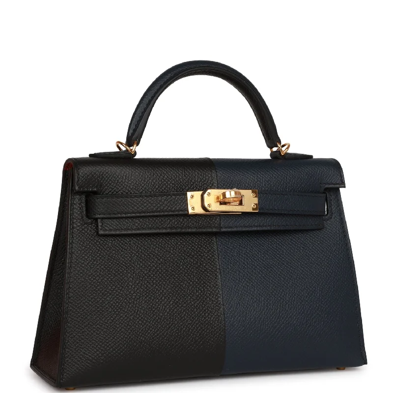 Hermes Kelly Sellier 20 Bleu Indigo, Black and Rouge H Casaque Epsom Gold Hardware